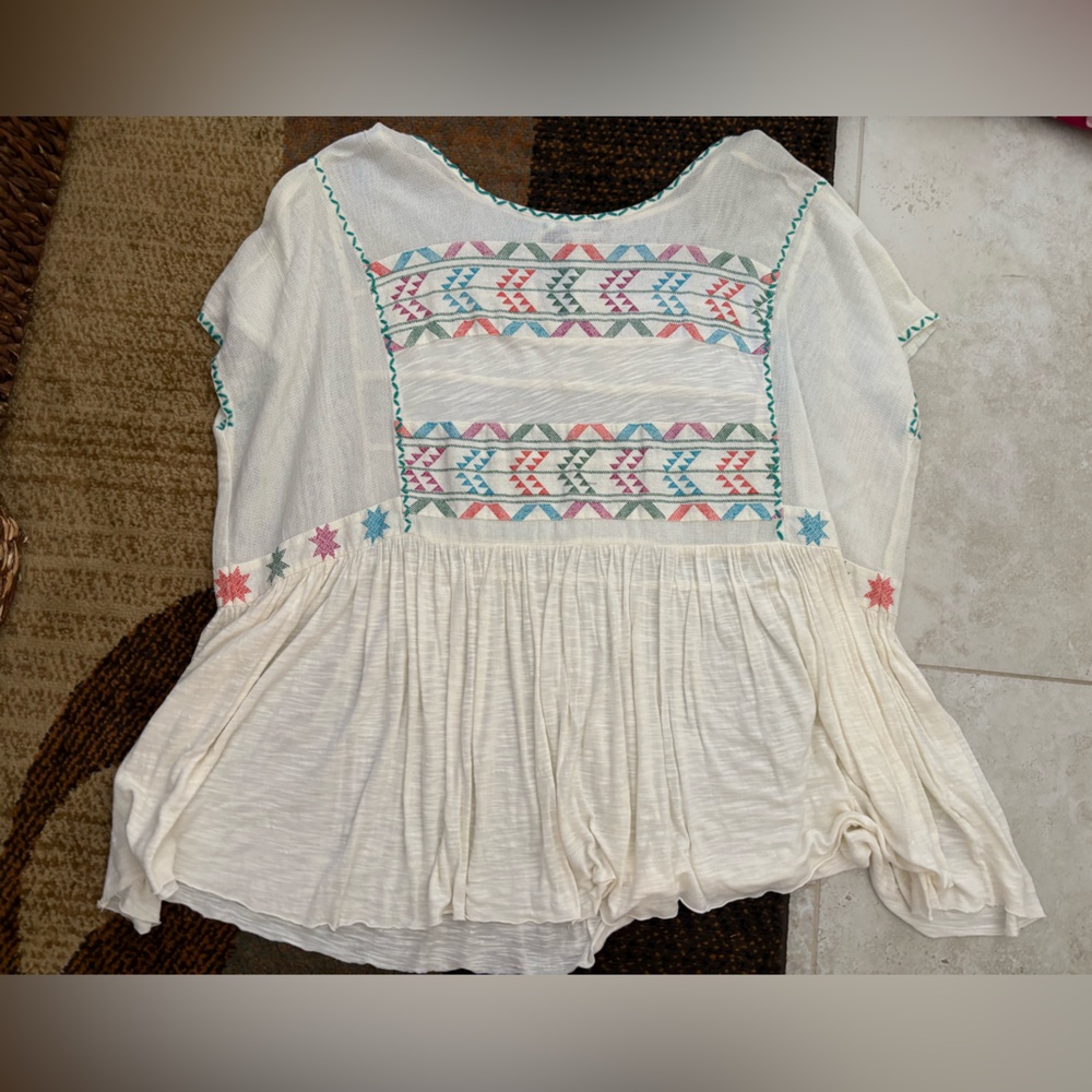 Free People White Peasant Tunic with Multicolor Embroidery